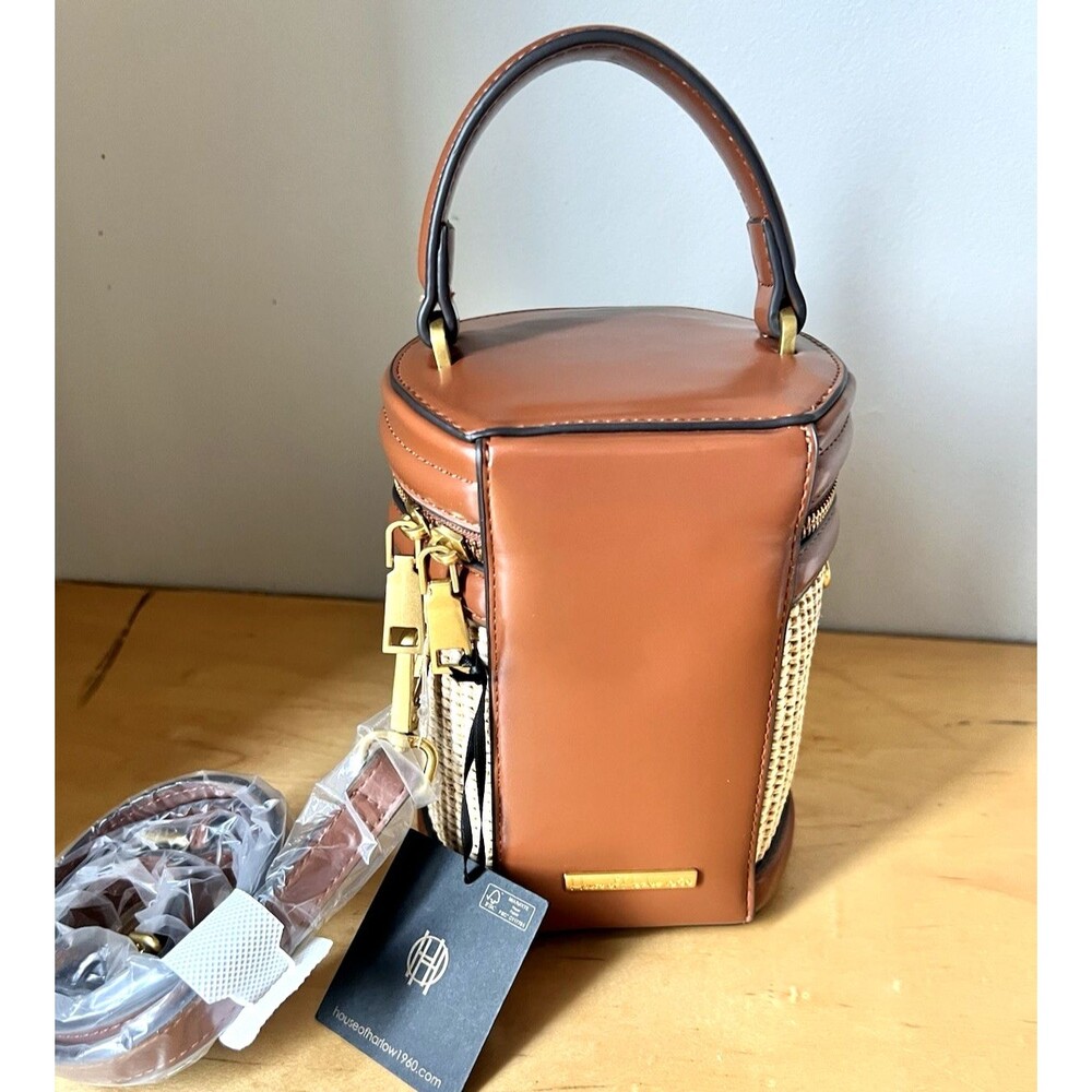 House Of Harlow 1960 Crossbody Mini Brown And Beige Woven Straw Pattern Bag - Picture 3 of 6